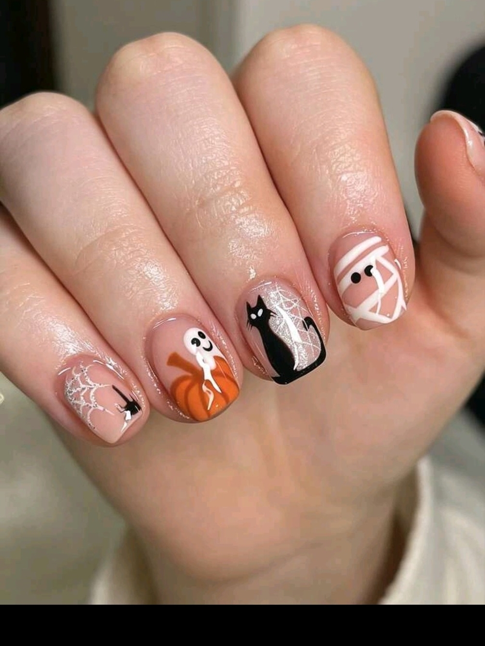 Black Cat Ghost Pumpkin Mummy Spider Web Press-on Nails, Short Square Nude 24pcs